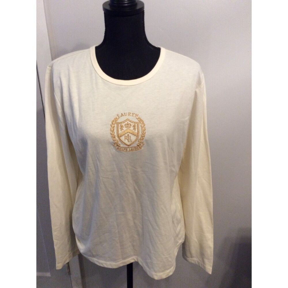 Lauren Ralph Lauren Active Ivory Long Sleeve Top Gold Logo Large